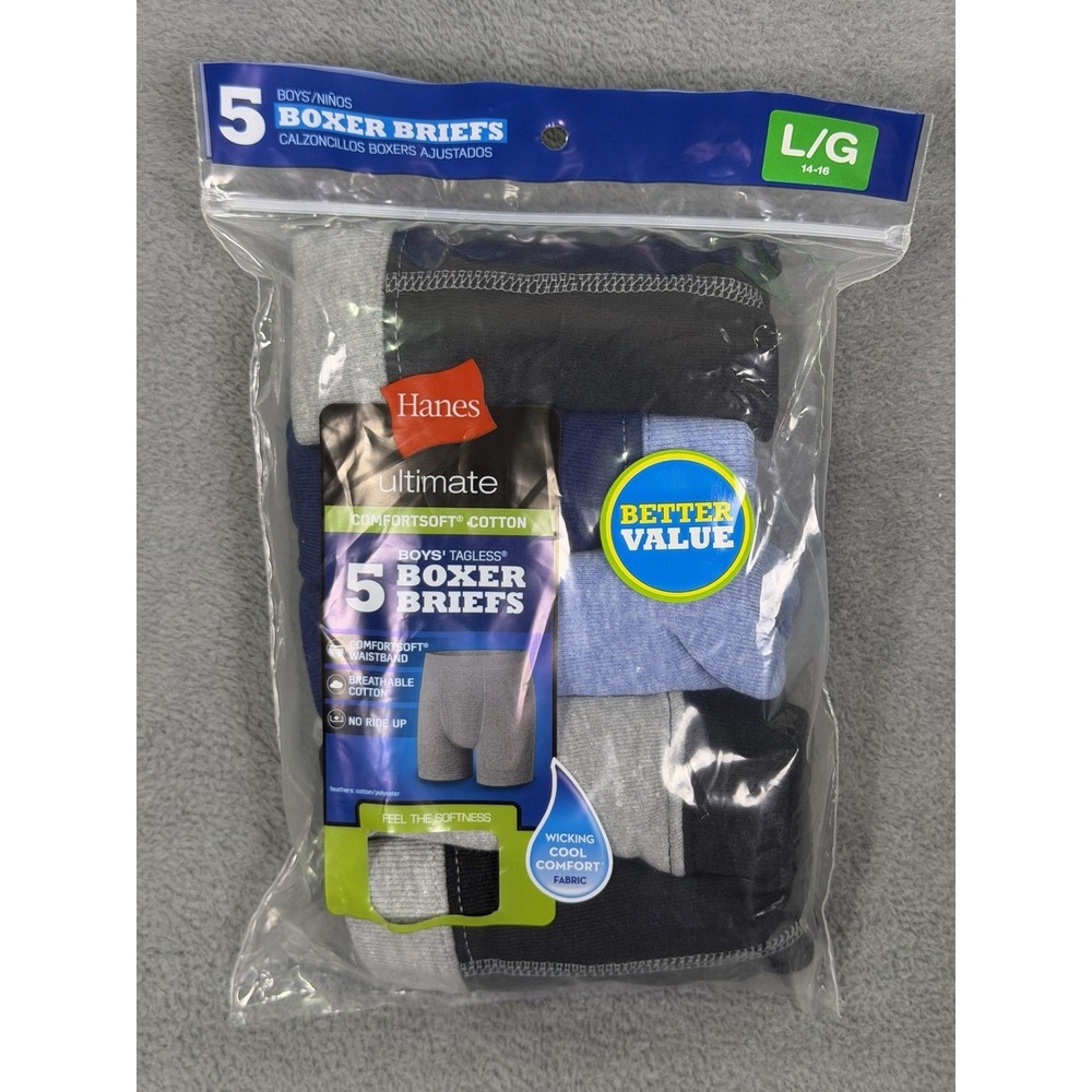 New‎ Hanes Boys Boxer Briefs Large 14-16 Multi Color Set Of 5 Tagless